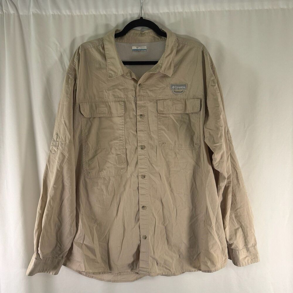 Columbia Fishing Shirt Men's XXL Biege Long Sleeve Buton Up Collared